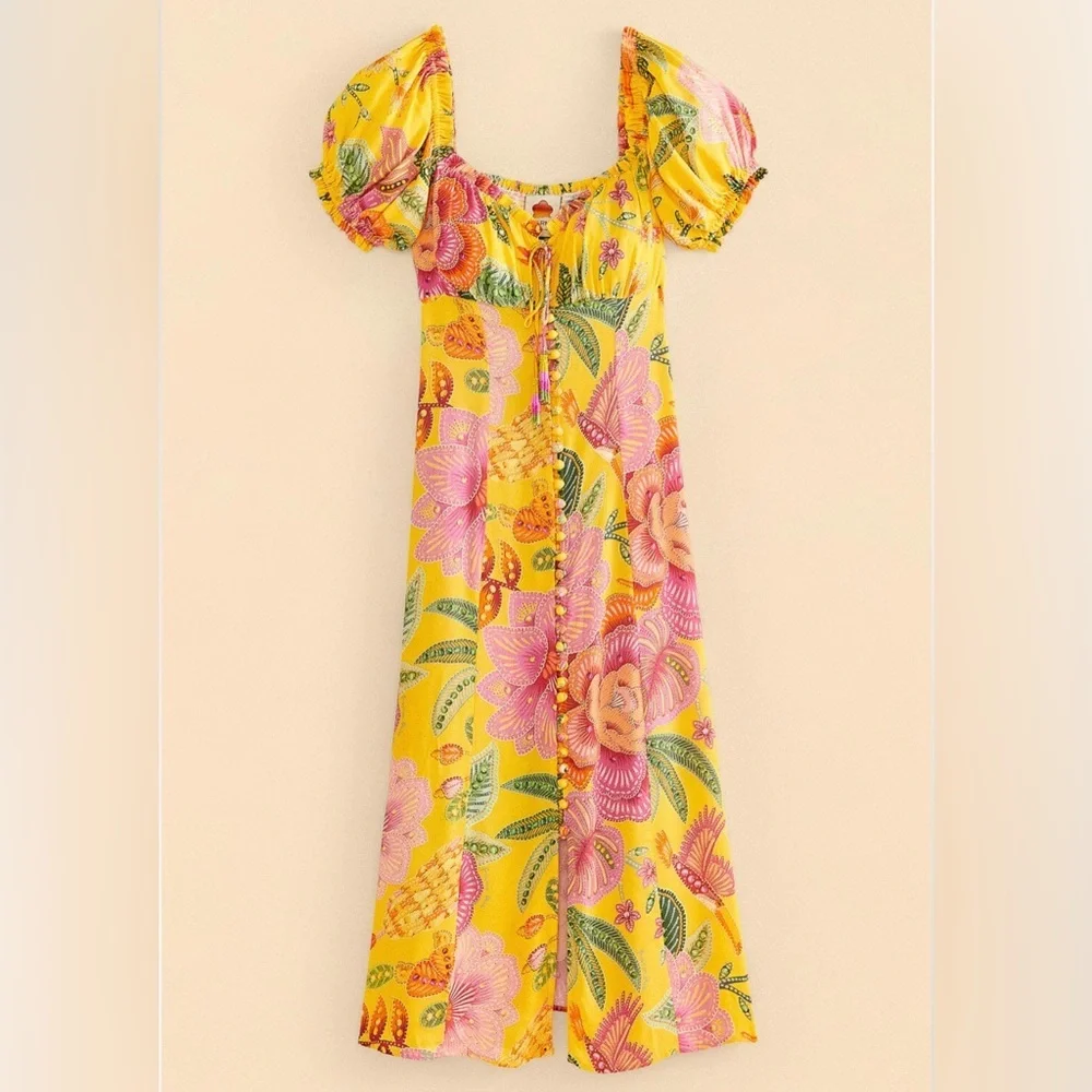 NWT FARM Rio Yellow Macaw Bloom Puff-Sleeve Midi Dress - Picture 10 of 10